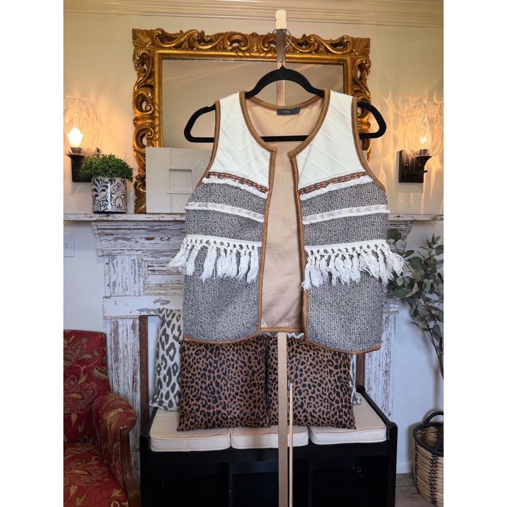 THML Boho Tassel Fringe Knit Vest Brown Grey Cream Western Embroidered Small - Picture 9 of 10
